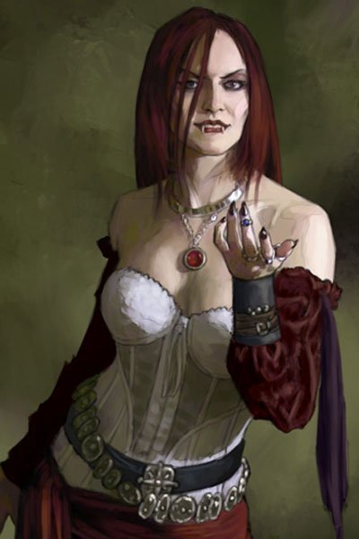 A vampire woman with red hair and a white corset.