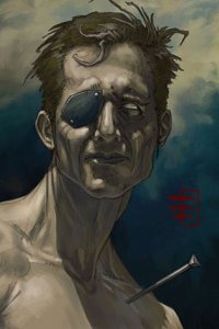 A grim man with an eye patch and a spike in his shoulder.