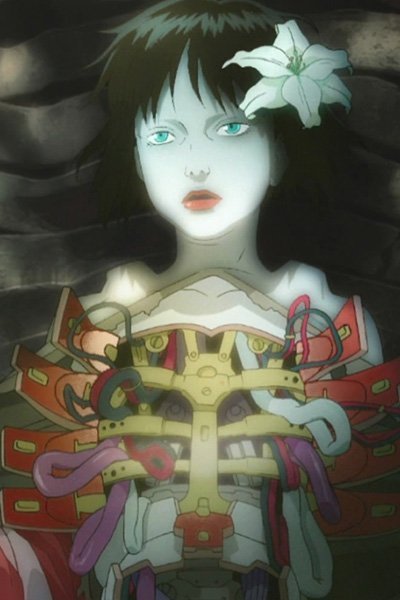 A robotic geisha with an open chest cavity.
