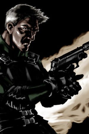 A military man in armor carrying a large pistol