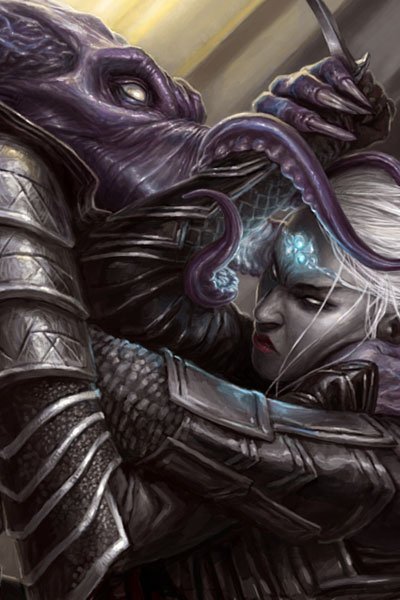a tentacled monster grapples with a dark elf woman.