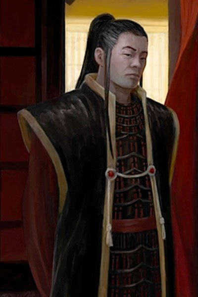 A regal man in long robes stands in a darkened room.