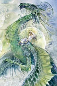 A woman in white robes rides a large green dragon.