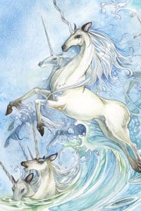 White unicorns spring from a rough surf.