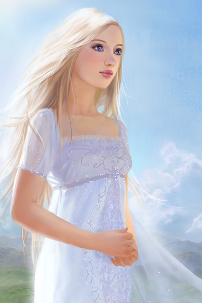 A young blond woman in a white dress stands in a sunlit field