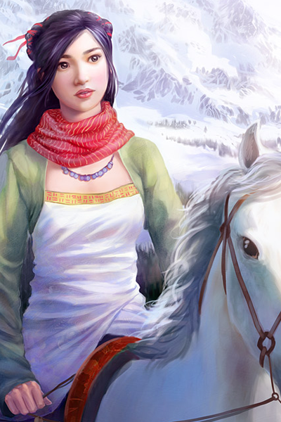 A young woman with long black hair rides a horse in winter.