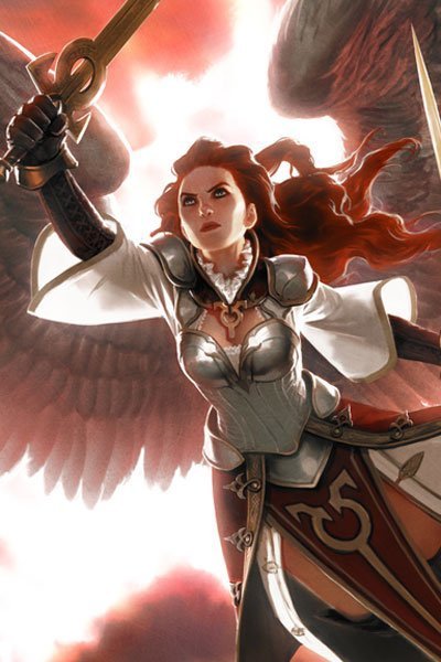 A woman with red hair and white wings wearing a breastplate and wielding swords.