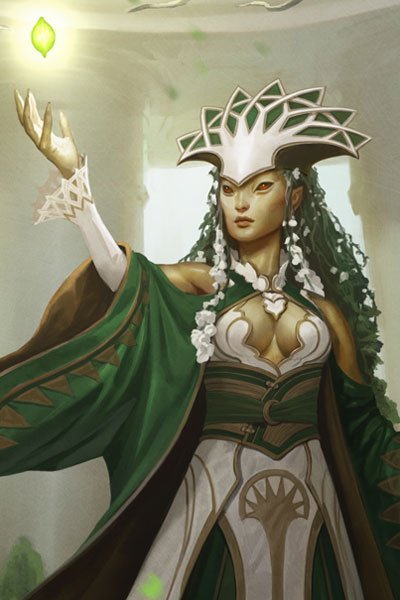  woman in white and white robes and an ornate headdress summons a small glowing object.