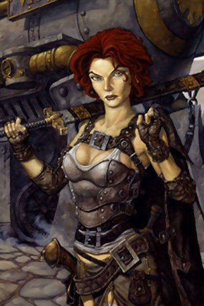 A red-haired woman wearing metal and leather armor wields a large sword next to a steam engine.