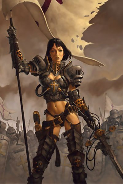 A woman with short black hair and abbreviated armor holds a large tattered pennant.