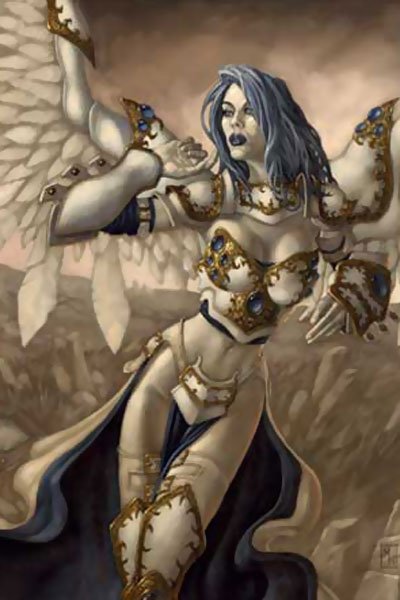 A pale woman with large white wings and golden armor stands.