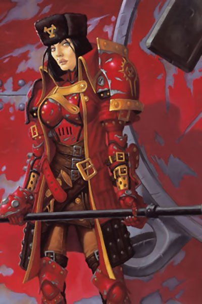 A woman with black hair and a Russian hat stands in bulky red armor.
