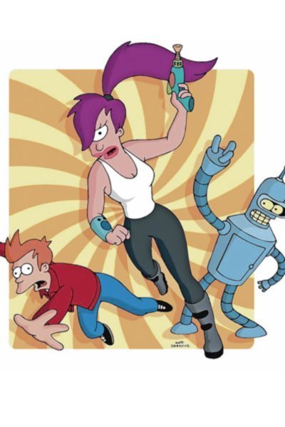 Fry Leela and Bender in dramatic action poses.