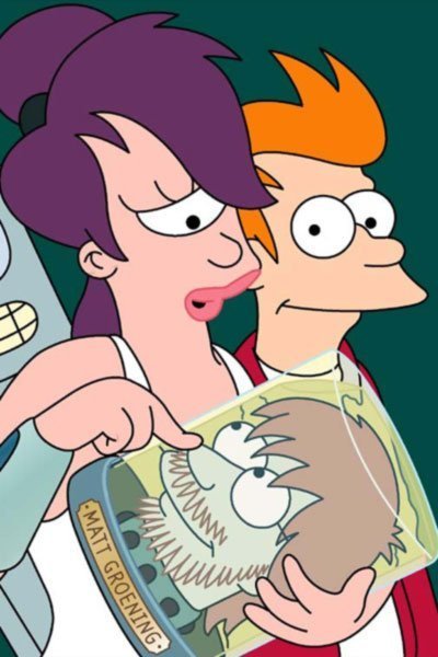 Leela and Fry teasing the head of Matt Groening.