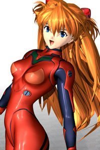 Evangelion's Asuka Langley smiles in her bright red plug suit.