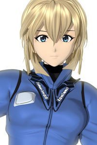 A woman with short blond hair and a blue jacket stares.