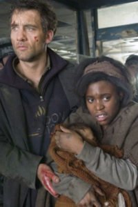 Clive Owen as Theo and Claire-Hope Ashitey as Kee. 