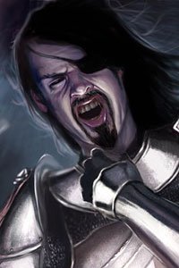 A man with long black hair, an eye patch and plate armor grimaces in pain.