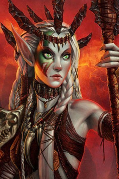 An elf woman with long braided blond hair stands with a long spear.