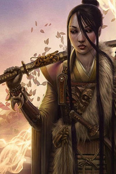 A weary woman stands with her katana on one shoulder.