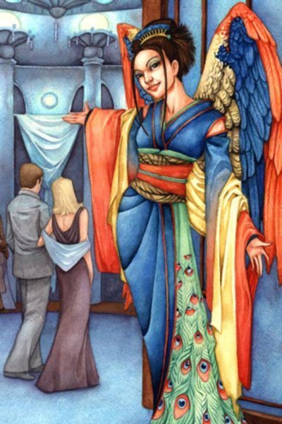 A woman in blue robes and colorful wings invites people into a large room.