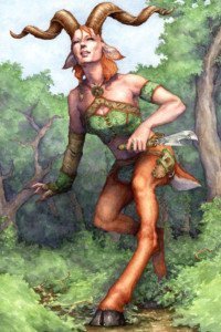 A woman with red hair, long horns and goat legs walks through the forest.