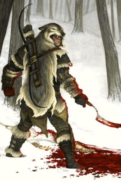 A man in wolf skins holds a bloodied blade in a snowy forest.
