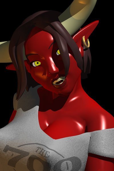 A red-skinned demon woman with large white horns looking shocked.