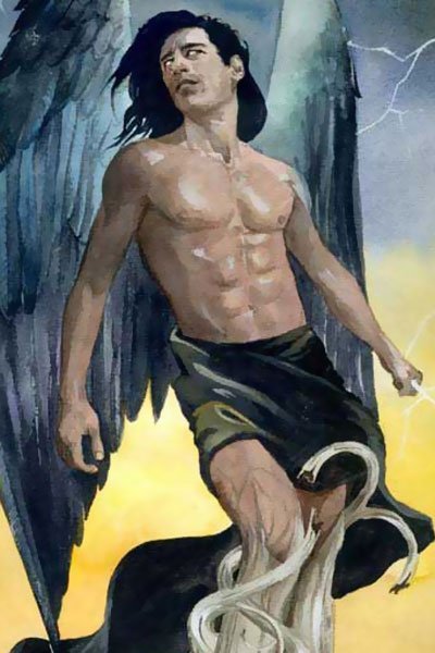 A dark-haired man with large black wings is trapped.