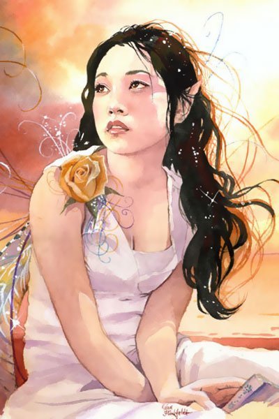 A raven-haired fairy wearing a white dress and golden flower gazes up and away.