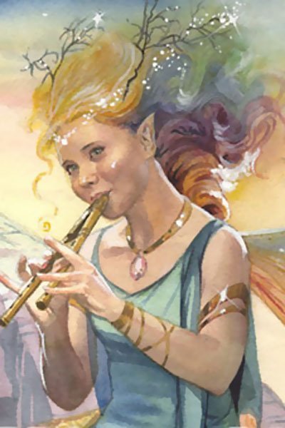 A joyous fairy with multicolored hair plays a tune on her flute.