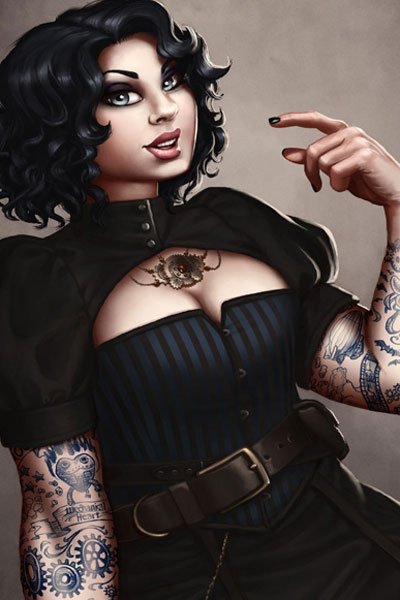 Amanda, a steampunk beauty in a leather corset and elaborate tattoos.