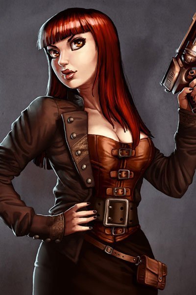 A woman with long red hair and wearing burnished leather brandishes a smoking gun.