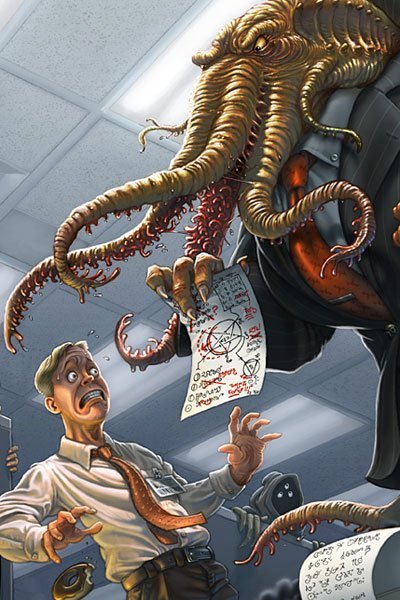 A hapless man is berated by a well dressed tentacled horror in the office. 