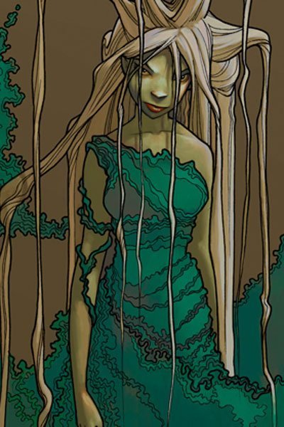 A woman with long pale hair and a green billowy dress stands ominously.