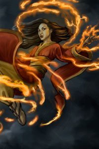 An Asian woman floats in the air, surrounded by thin streaks of fire.