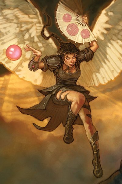 A winged woman with a paper fan prepares to land.
