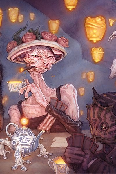 A hairless cat woman in a floral hat holds a delicate cup, playing cards at a table.