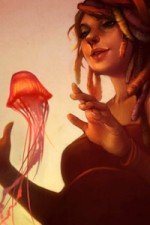 A woman is lit by the warm red glow of a floating jellyfish.