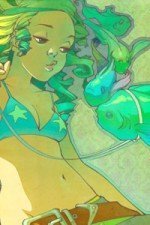 A serene woman with green hair and a bikini top looks lovingly at a small group of floating green fish.