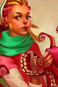 A young woman with a bright green scarf holds a magenta octopus in her hands.