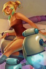 A young woman with blond hair is carried by two robotic flying toasters.