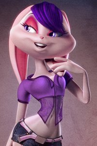 A pink bunny woman in a purple top coyly gazes.