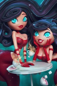 Two dark-haired mermaids prepare for tea.