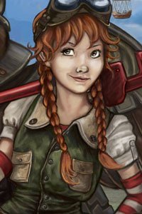 A young woman with red hair and green overalls wields a large wrench.