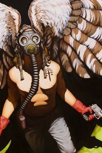 A man with large brown wings and a gas mask brandishes two pistols.