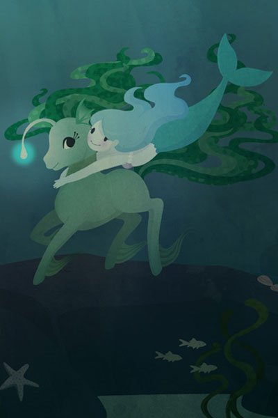 a cute mermaid wraps her arms around an underwater deer creature.
