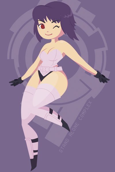 A chibi Motoko Kusinagi, a cybernetic woman with lavender leggins and corset daintily stands.