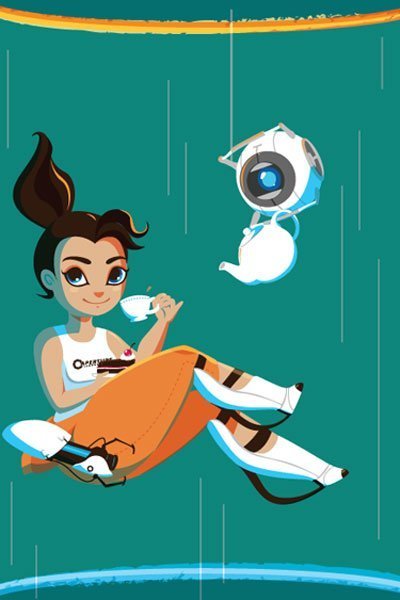 Portal's Chell enjoys a cup of tea while falling between portals.
