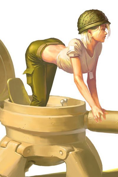A shapely woman crawls out of a very small tank.